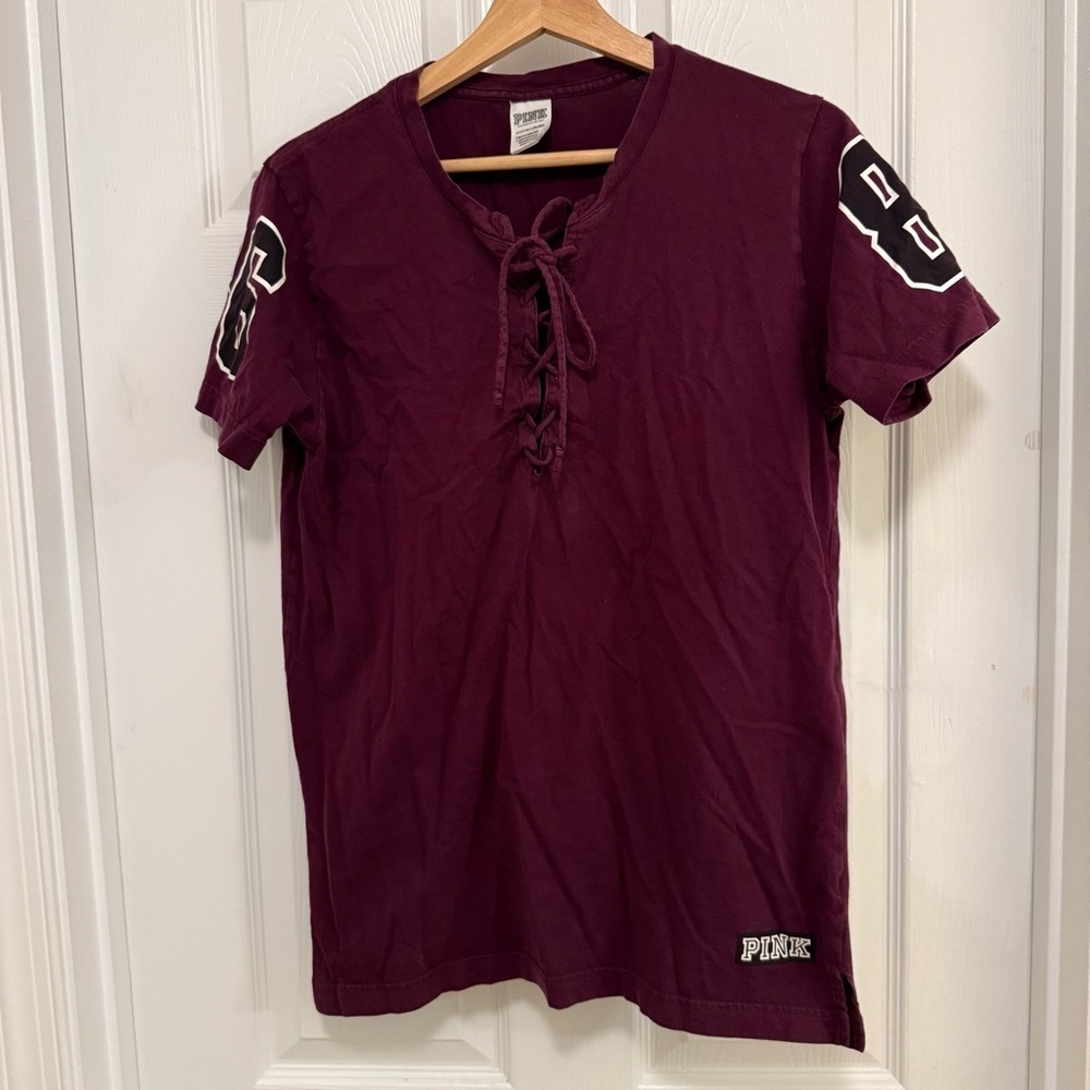 EUC PINK Victoria’s Secret Varsity Lace-up V-neck T-shirt